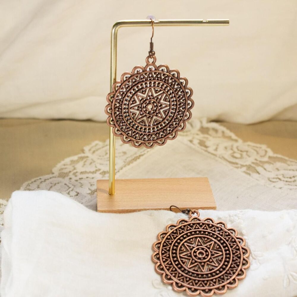 Boho bronze-tone medallion mandala scalloped earrings